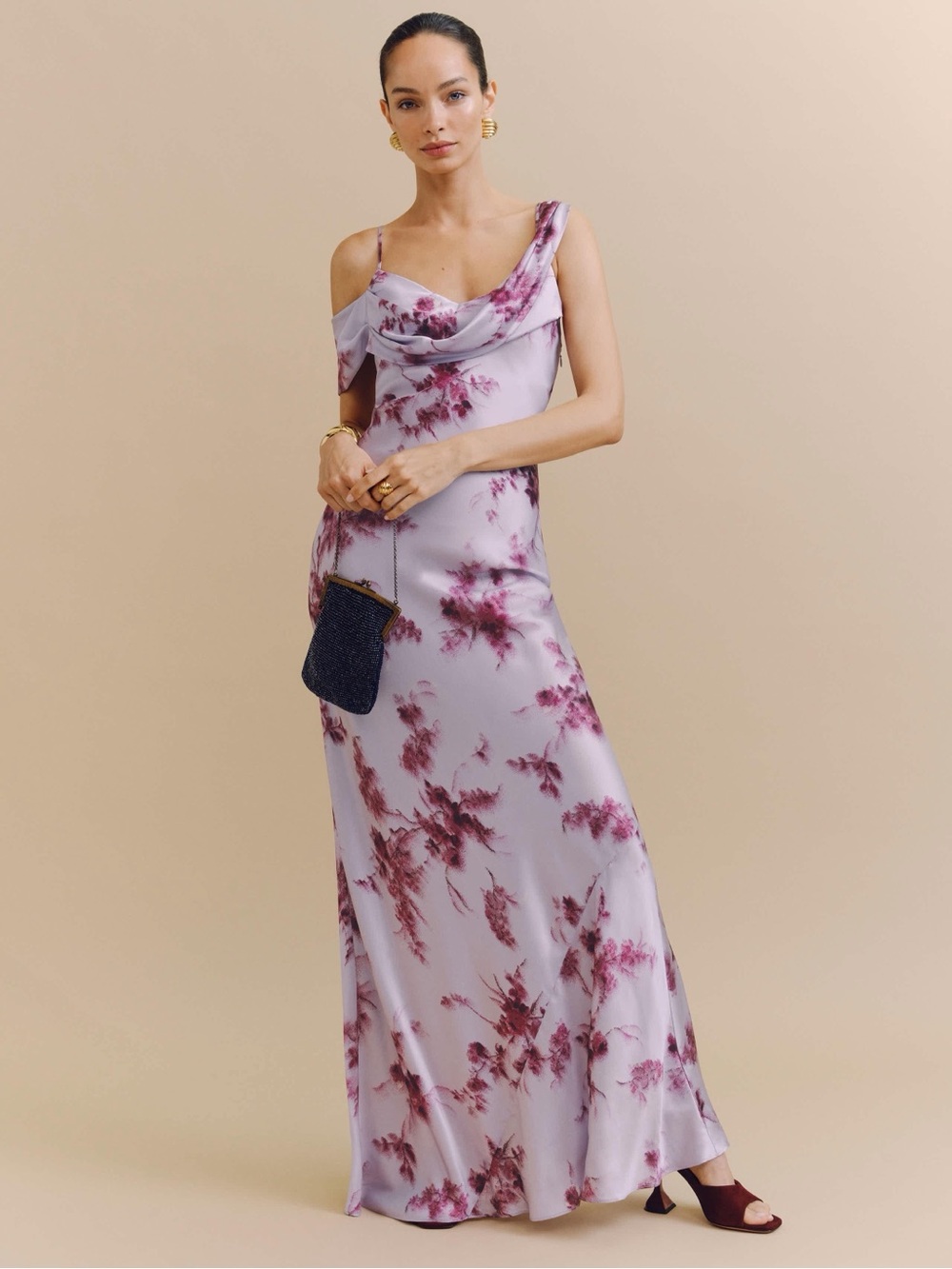 Reformation 8 Ronda Silk Maxi Dress Malibu Sunrise Purple Print